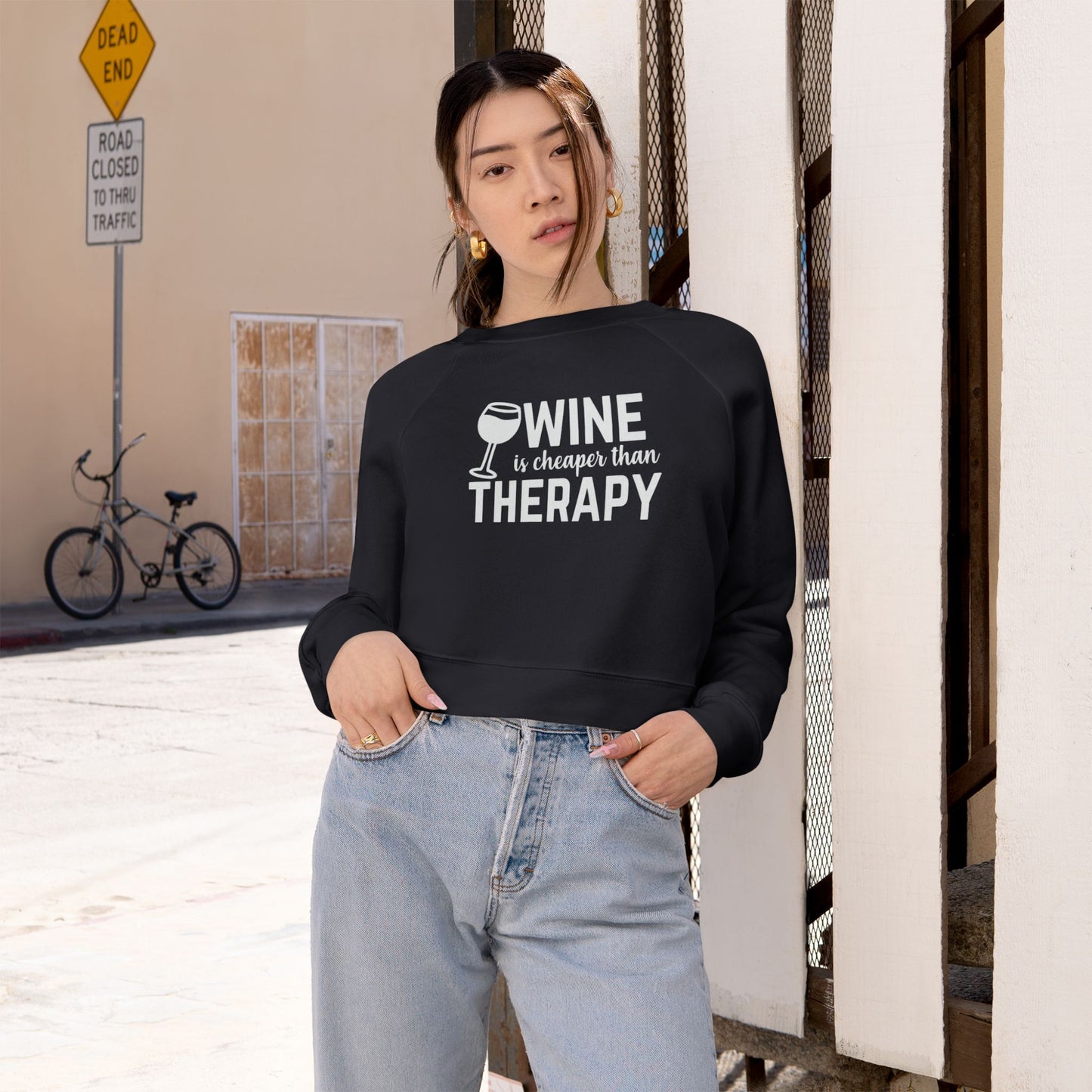 Cropped Pullover — "Wine Is Cheaper Than Therapy" Women’s Crop Sweatshirt