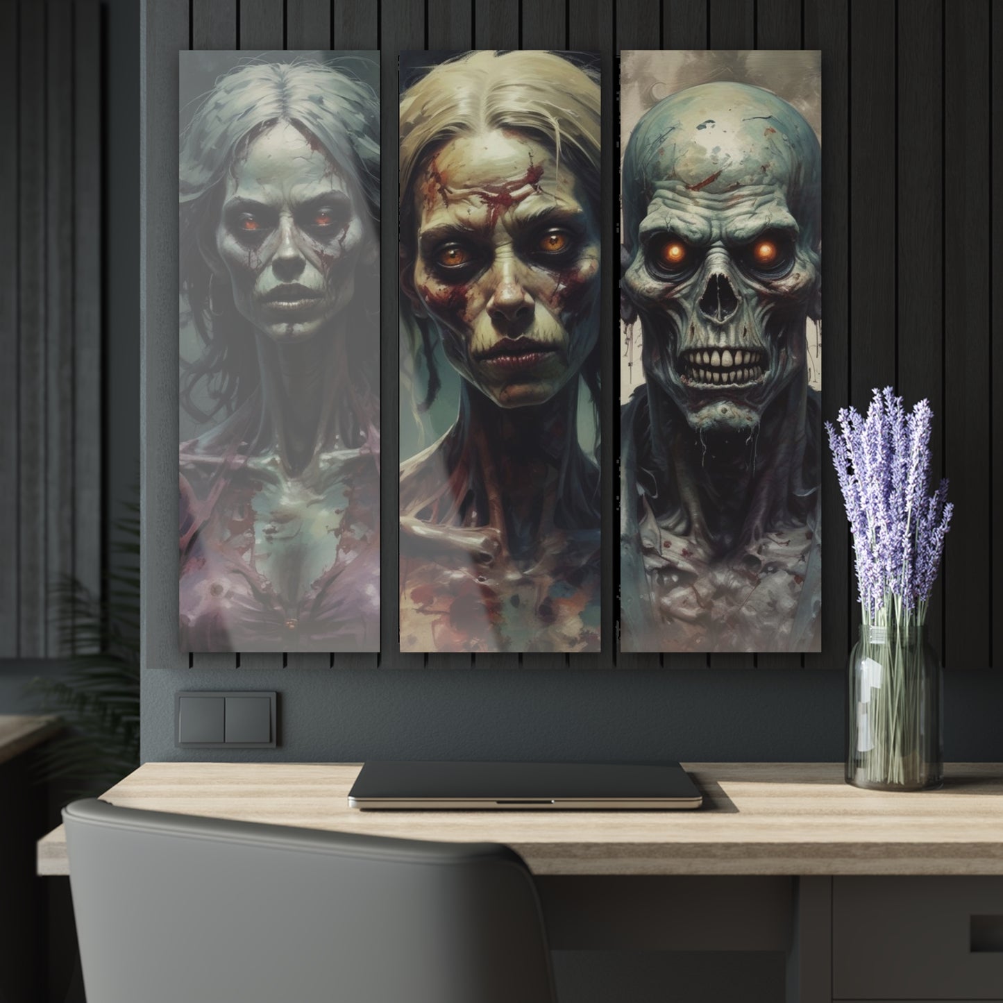 Triptych Acrylic Wall Art — Horror Zombie Portraits (Scary Gothic Decor)