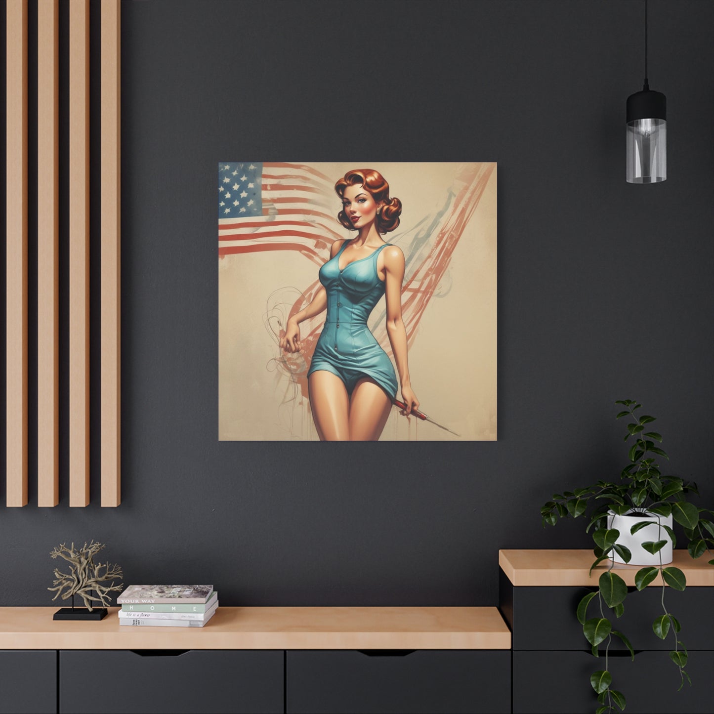 Retro Pin-Up Canvas Wall Art — Vintage American Flag Pinup Matte Stretched 1.25"