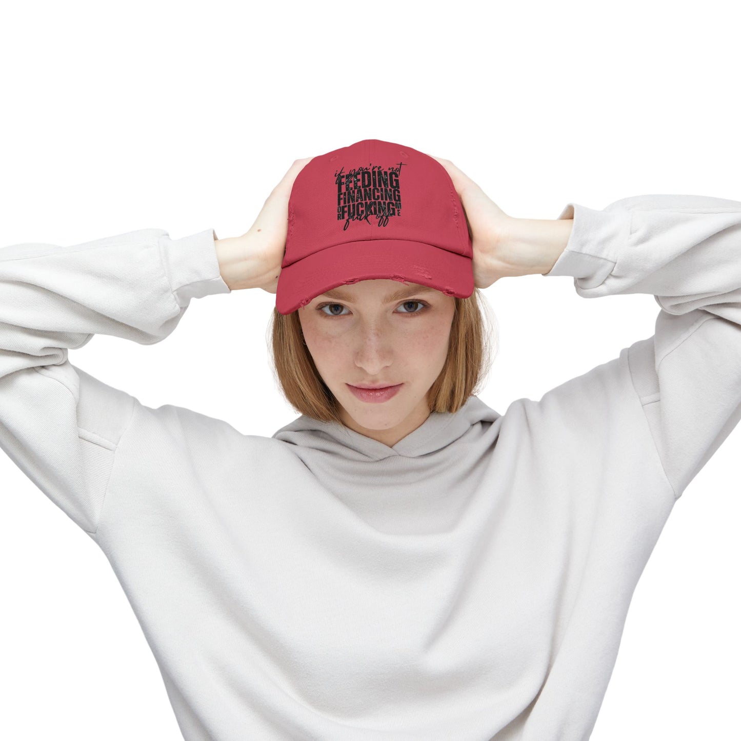 Distressed Dad Hat — "Feeding, Financing & F***ing" Bold Script Cap
