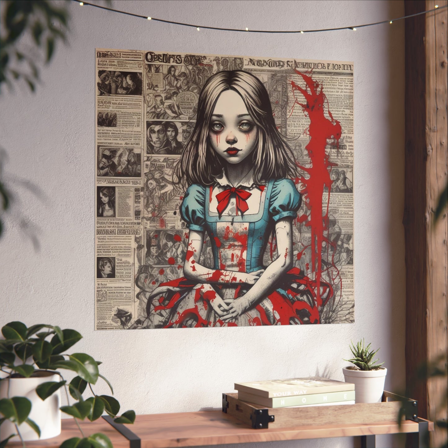 Gothic Alice Fine Art Print — Dark Vintage Newspaper Collage with Blood-Splatter