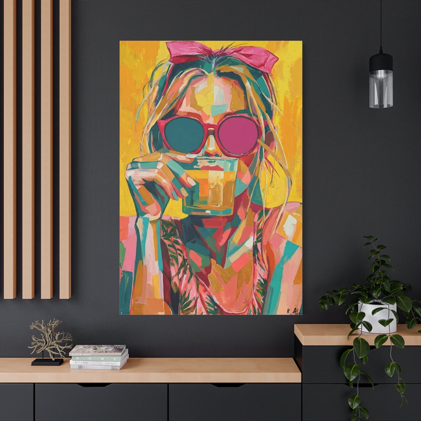 Colorful Pop Art Woman Drinking Canvas Wall Art