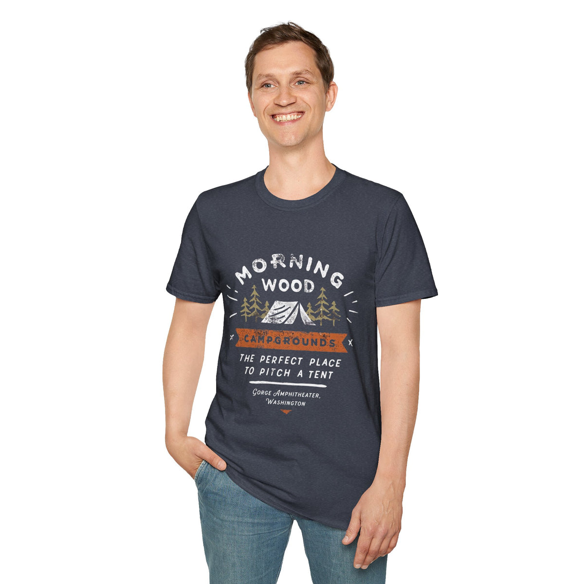 Camping T-Shirt — "Morning Wood" Tent & Pine Tree Outdoor Graphic Tee