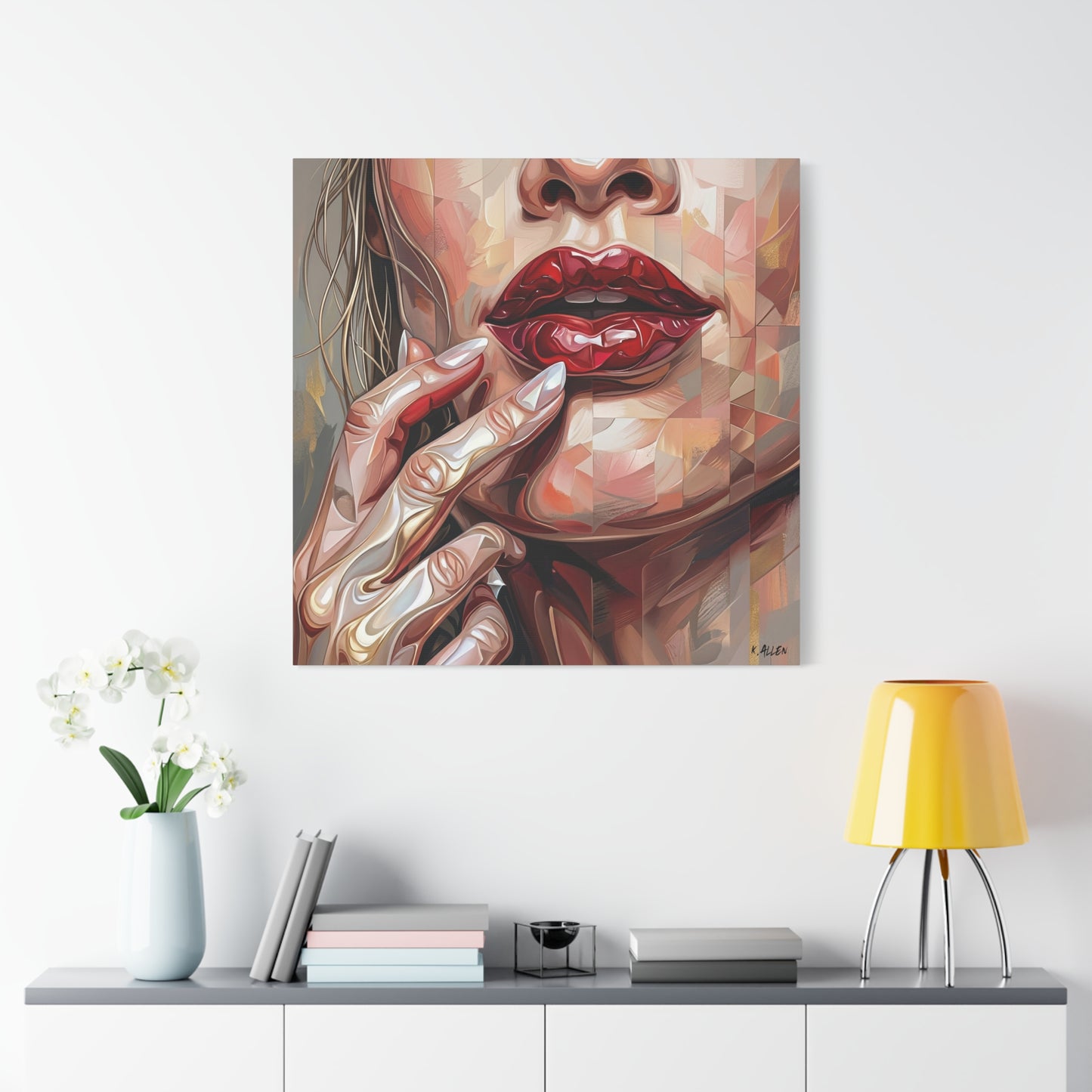Glam Portrait Canvas Print — Red Lips & Painted Hands Matte Stretched Wall Art