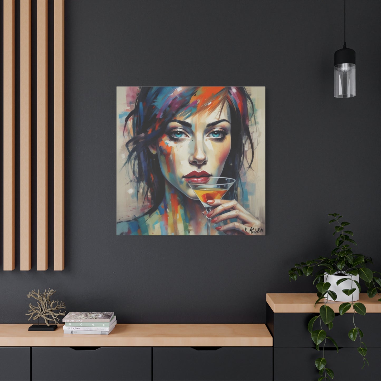 Colorful Femme Portrait Canvas — Martini Woman Stretched Wall Art