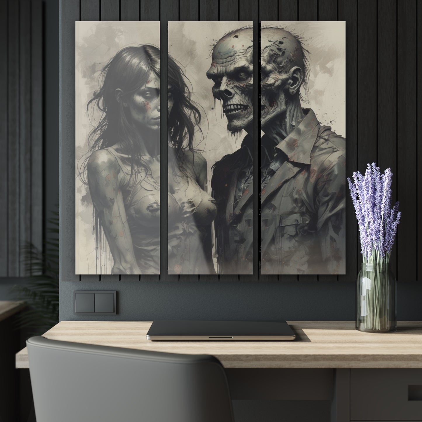 Zombie Couple Triptych Acrylic Wall Art — Dark Horror Gothic Home Decor