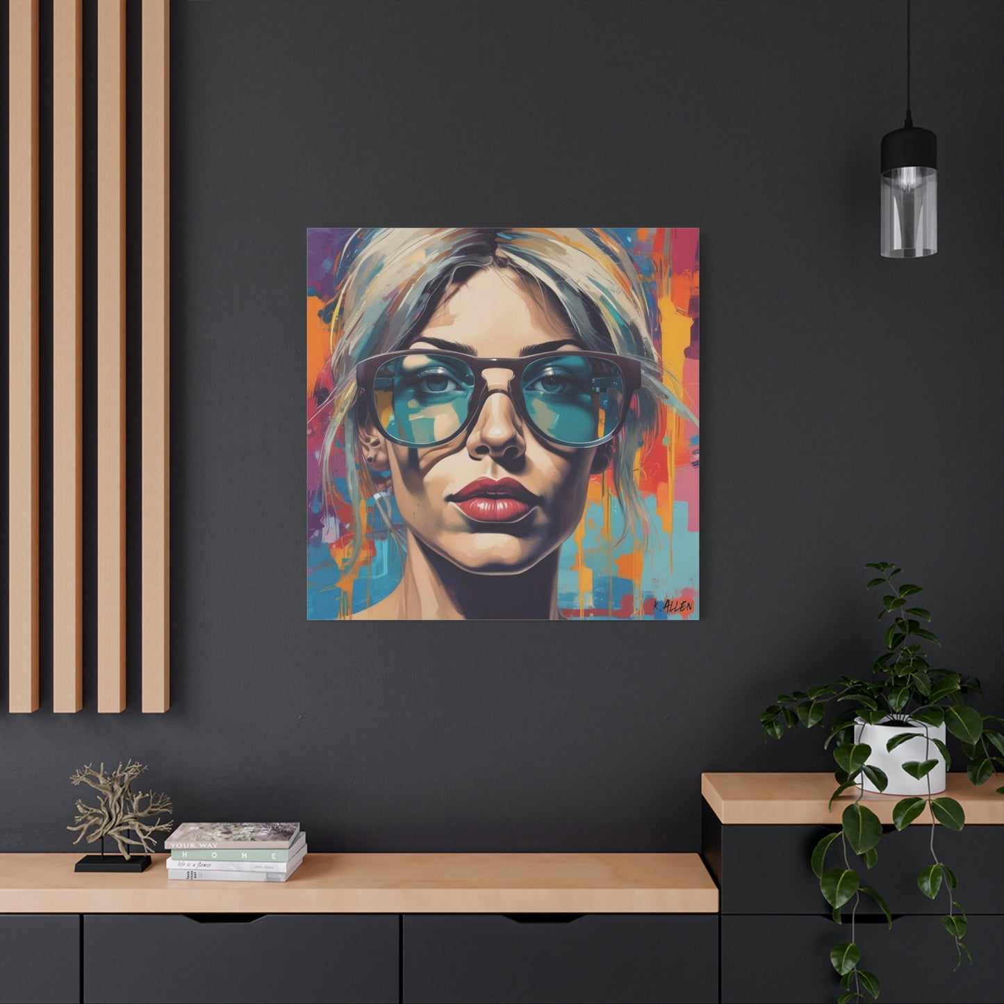Pop Art Portrait Canvas — Blonde Woman with Blue Sunglasses Matte Stretched Art