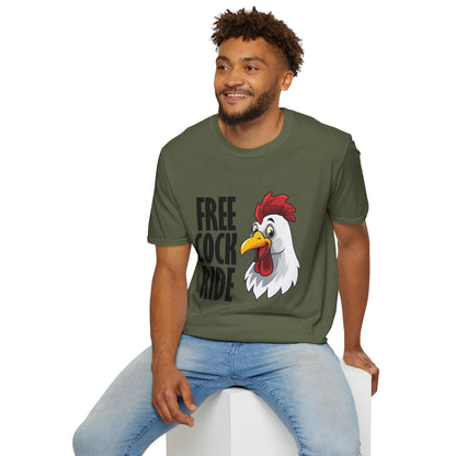 Graphic T-Shirt — "Free Cock Ride" Rooster Novelty Tee