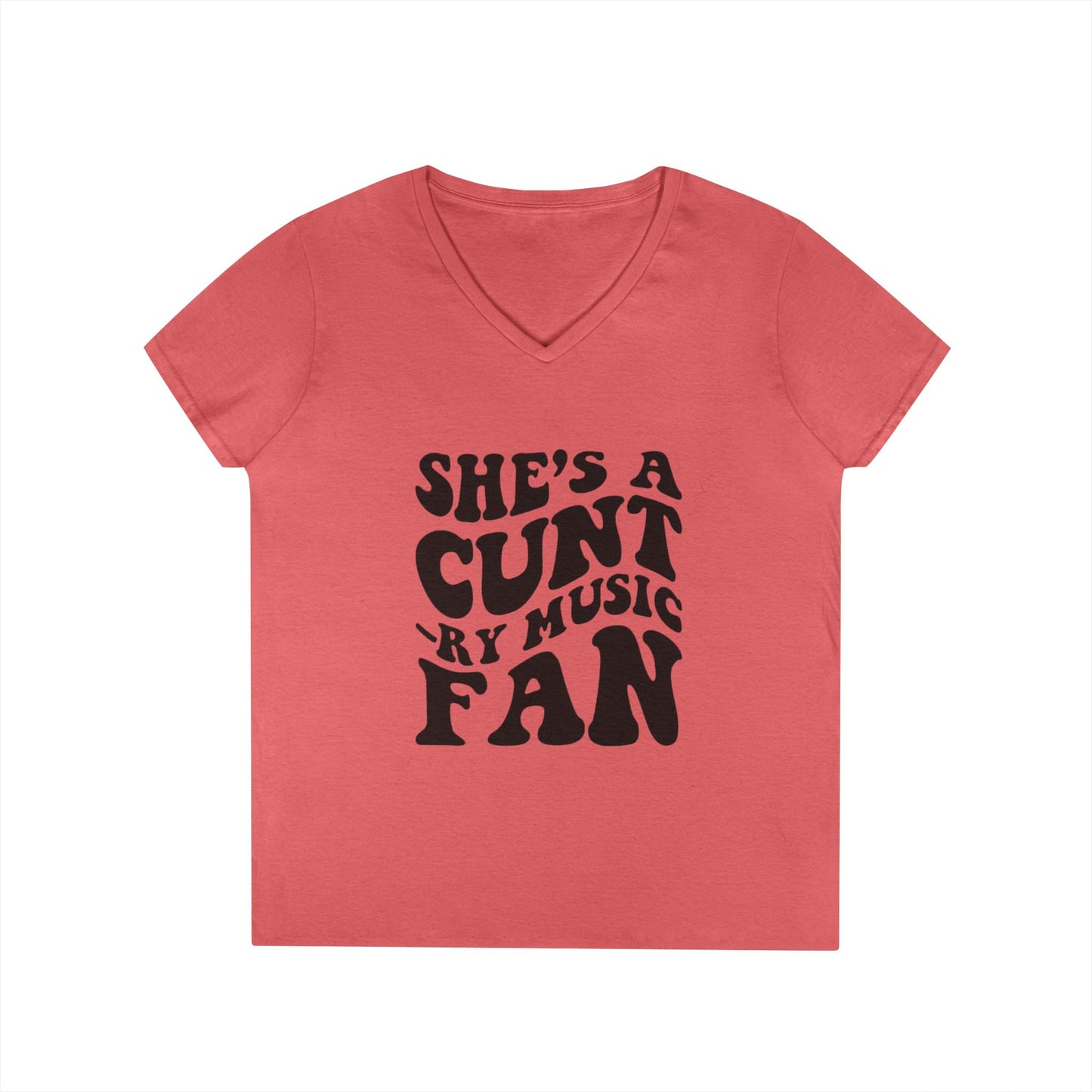 V-Neck T-Shirt — "She's a Cuntry Music Fan" Retro Typography Tee