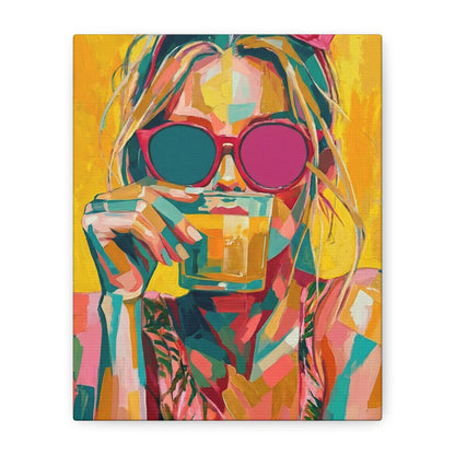 Colorful Pop Art Woman Drinking Canvas Wall Art