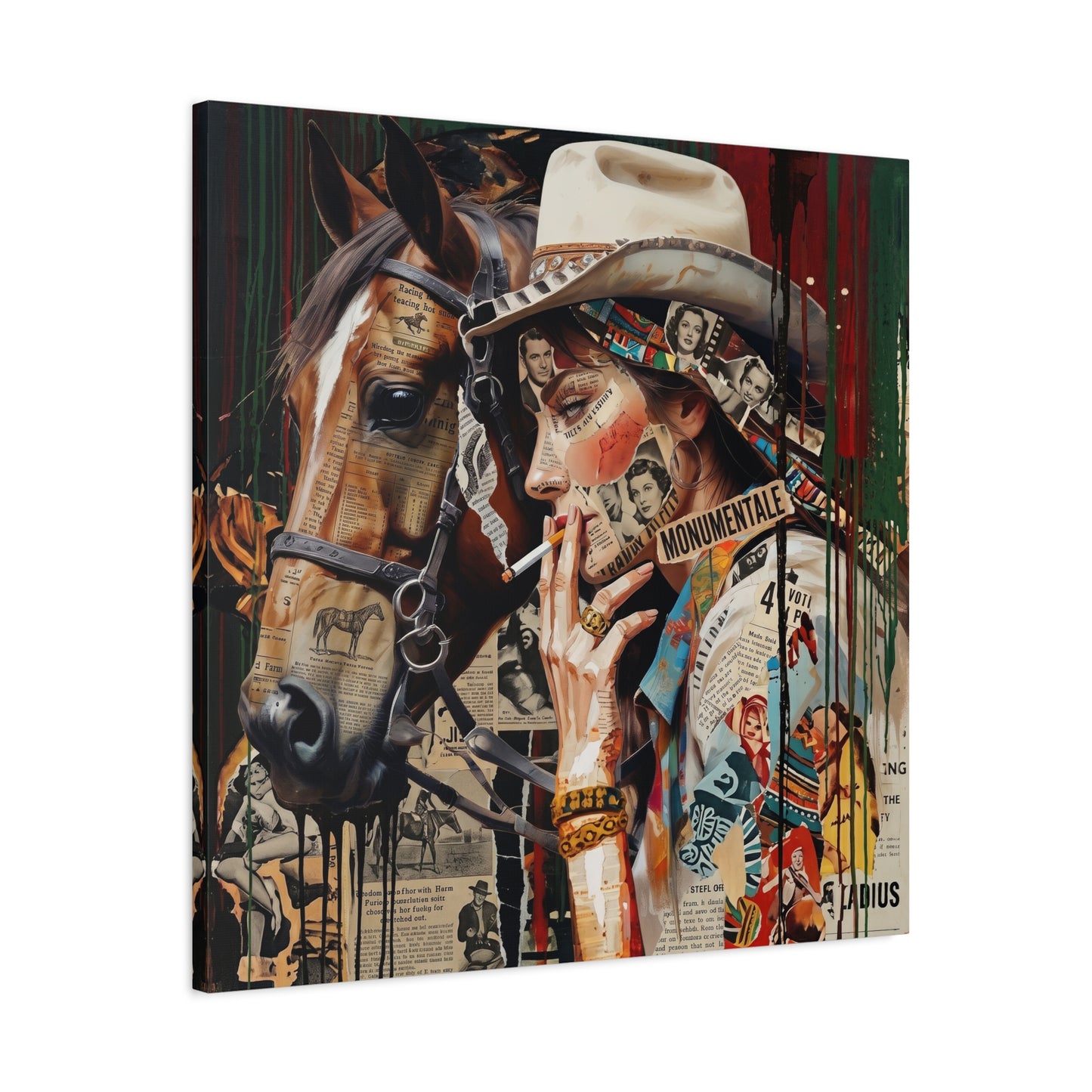 Western Collage Horse & Cowgirl Matte Canvas Wall Art - Stretched 1.25"