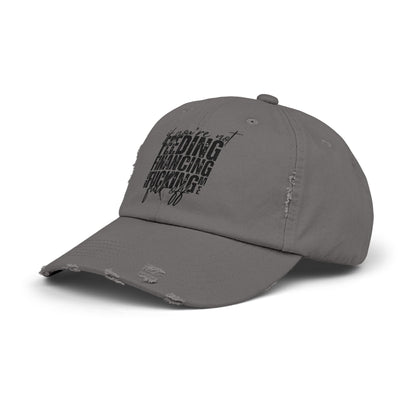 Distressed Dad Hat — "Feeding, Financing & F***ing" Bold Script Cap