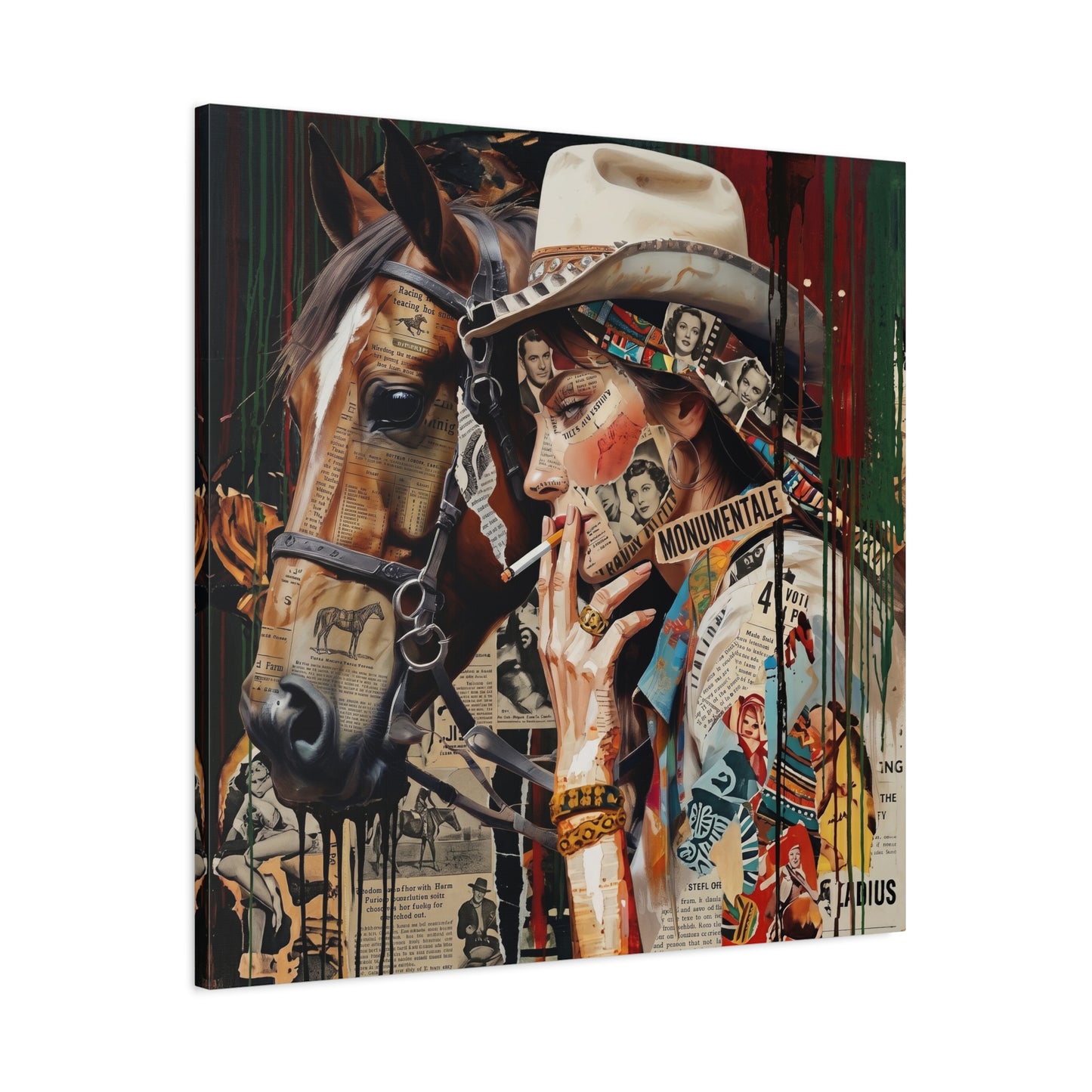 Western Collage Horse & Cowgirl Matte Canvas Wall Art - Stretched 1.25"