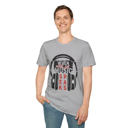 Music Speaks Headphones T-Shirt — "When Words Fail Music Speaks" Graphic Tee