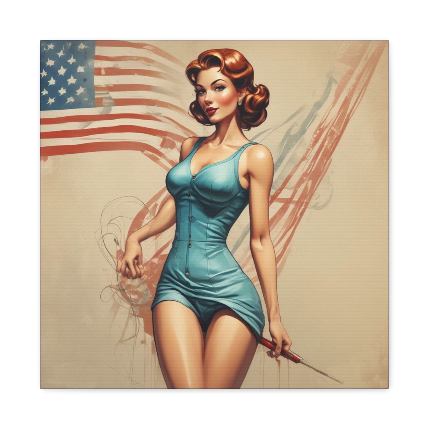 Retro Pin-Up Canvas Wall Art — Vintage American Flag Pinup Matte Stretched 1.25"