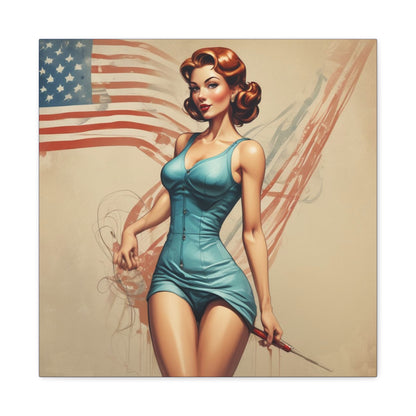Retro Pin-Up Canvas Wall Art — Vintage American Flag Pinup Matte Stretched 1.25"