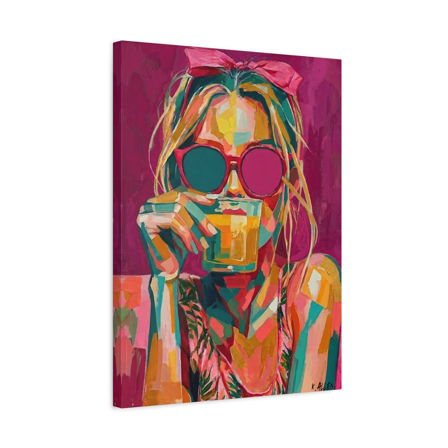 Pop Art Woman Drinking Coffee Canvas - Pink