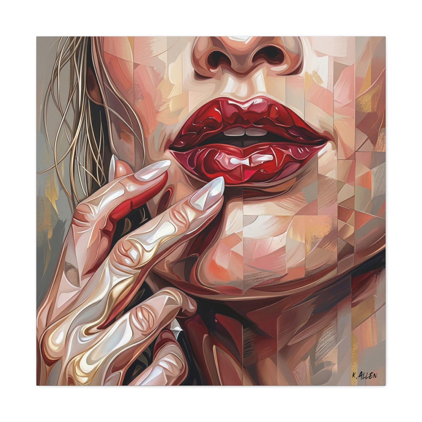 Glam Portrait Canvas Print — Red Lips & Painted Hands Matte Stretched Wall Art