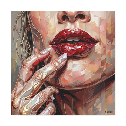 Glam Portrait Canvas Print — Red Lips & Painted Hands Matte Stretched Wall Art