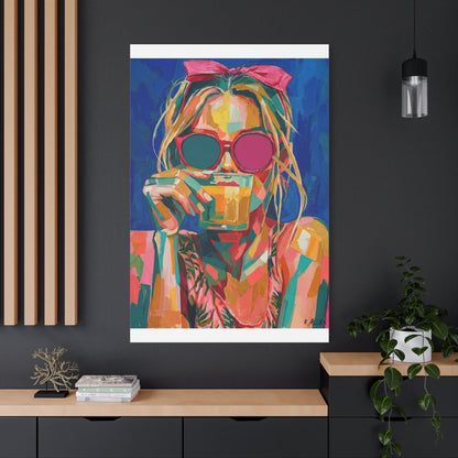 Colorful Pop Art Woman Drinking Canvas Wall Art - Blue