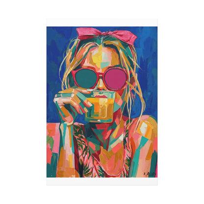 Colorful Pop Art Woman Drinking Canvas Wall Art - Blue