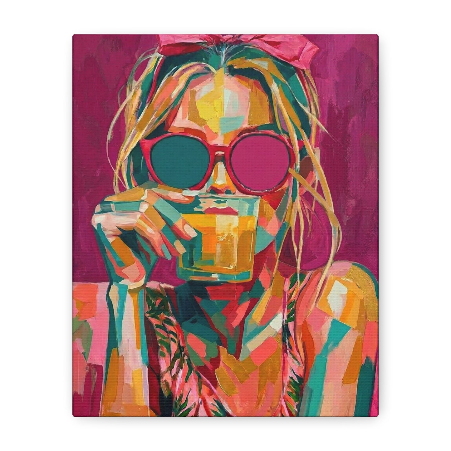 Pop Art Woman Drinking Coffee Canvas - Pink