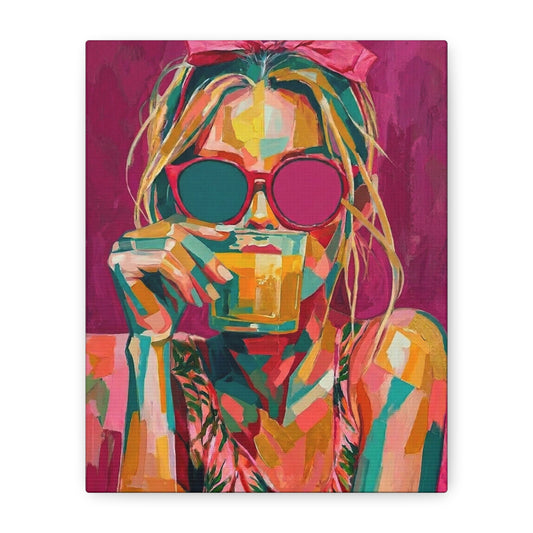 Pop Art Woman Drinking Coffee Canvas - Pink