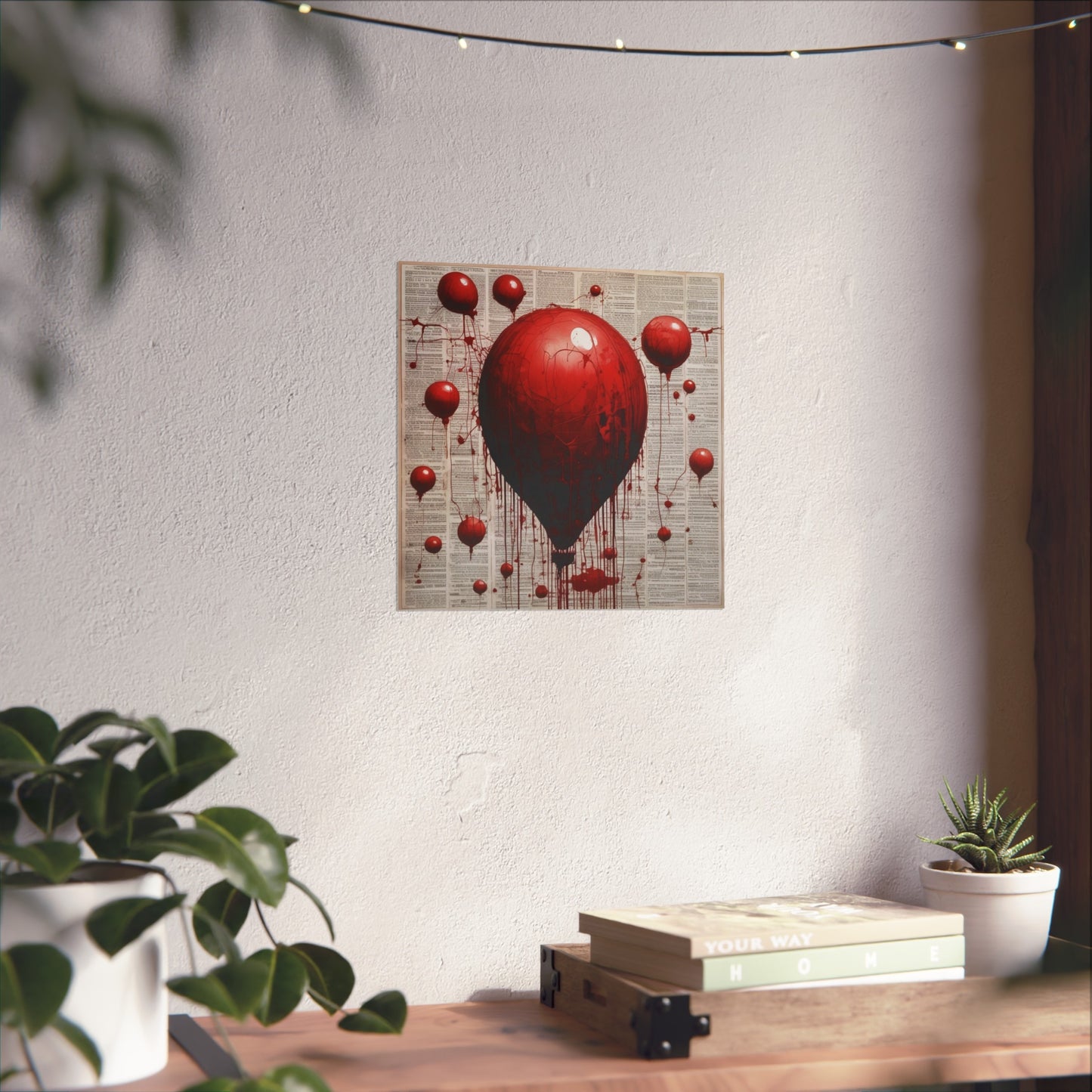 Fine Art Poster — Red Dripping Balloon on Vintage Book Pages