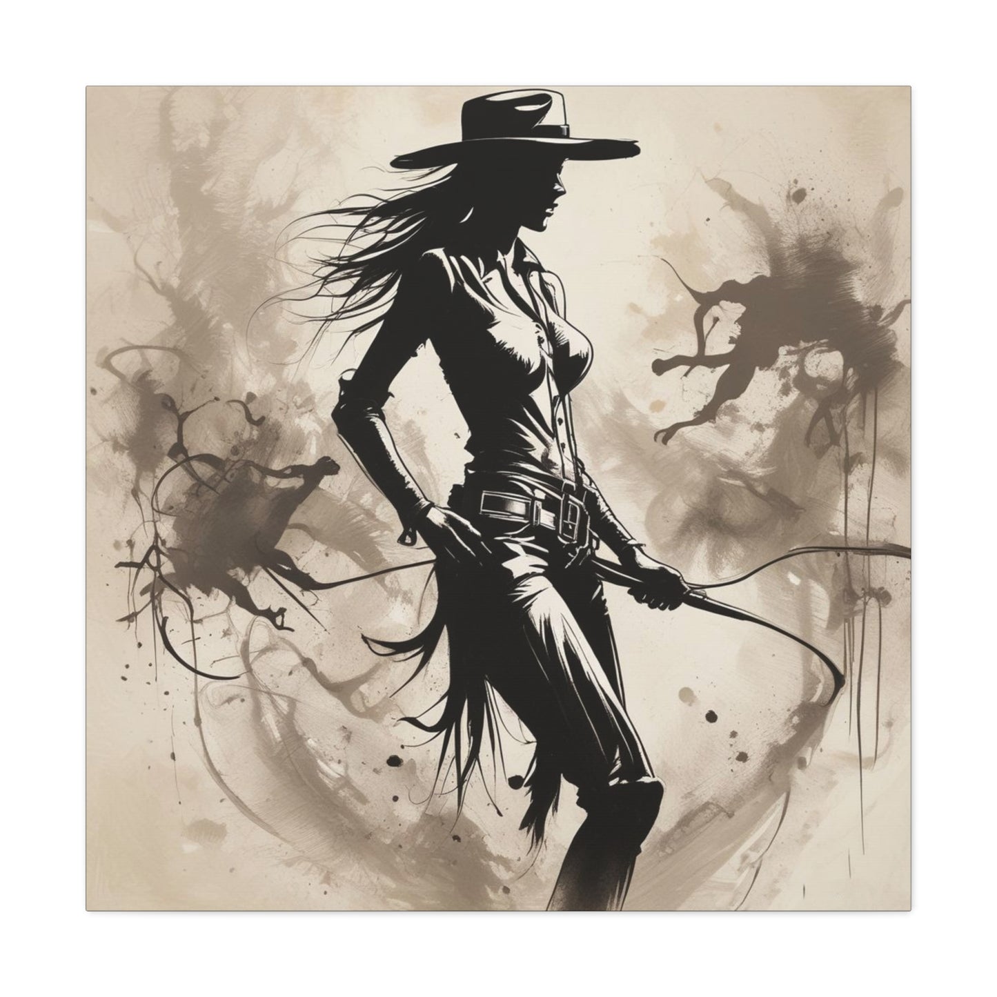 Cowgirl Silhouette Canvas Art – Western Whip Poster on Matte Stretched Canvas