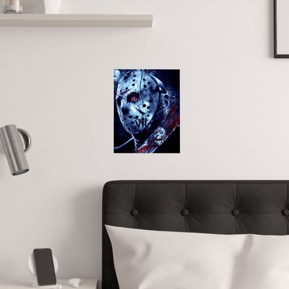 Horror Jason Mask Satin Poster — Bloodied Knife Slasher Wall Art