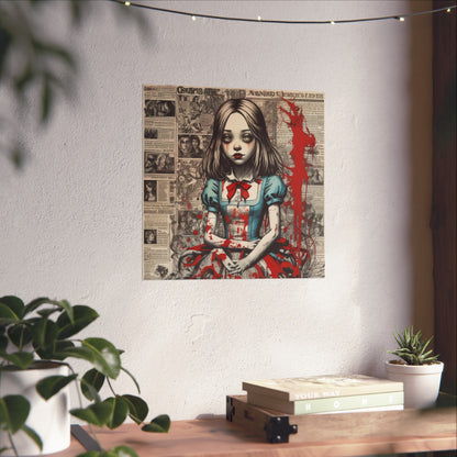 Gothic Alice Fine Art Print — Dark Vintage Newspaper Collage with Blood-Splatter