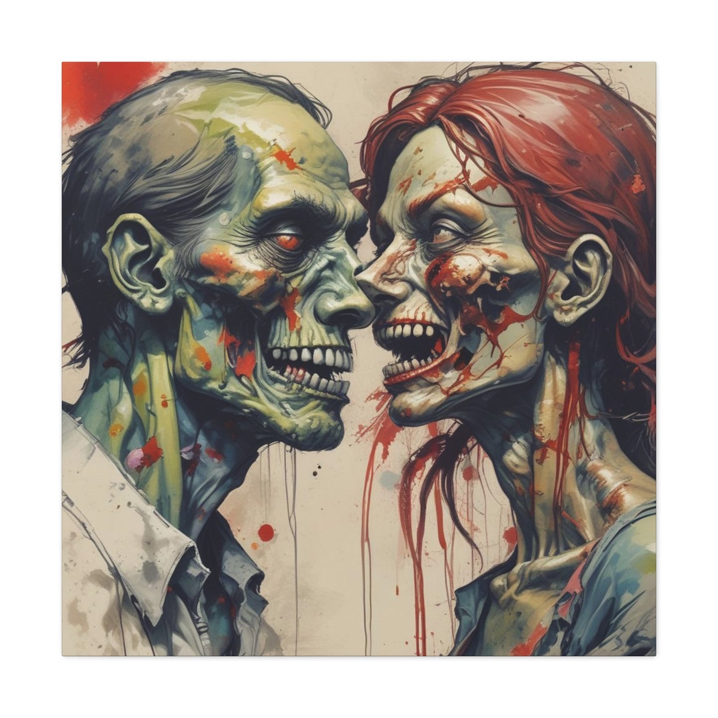 Zombie Couple Matte Canvas Wall Art — Blood-Splattered Horror Portrait