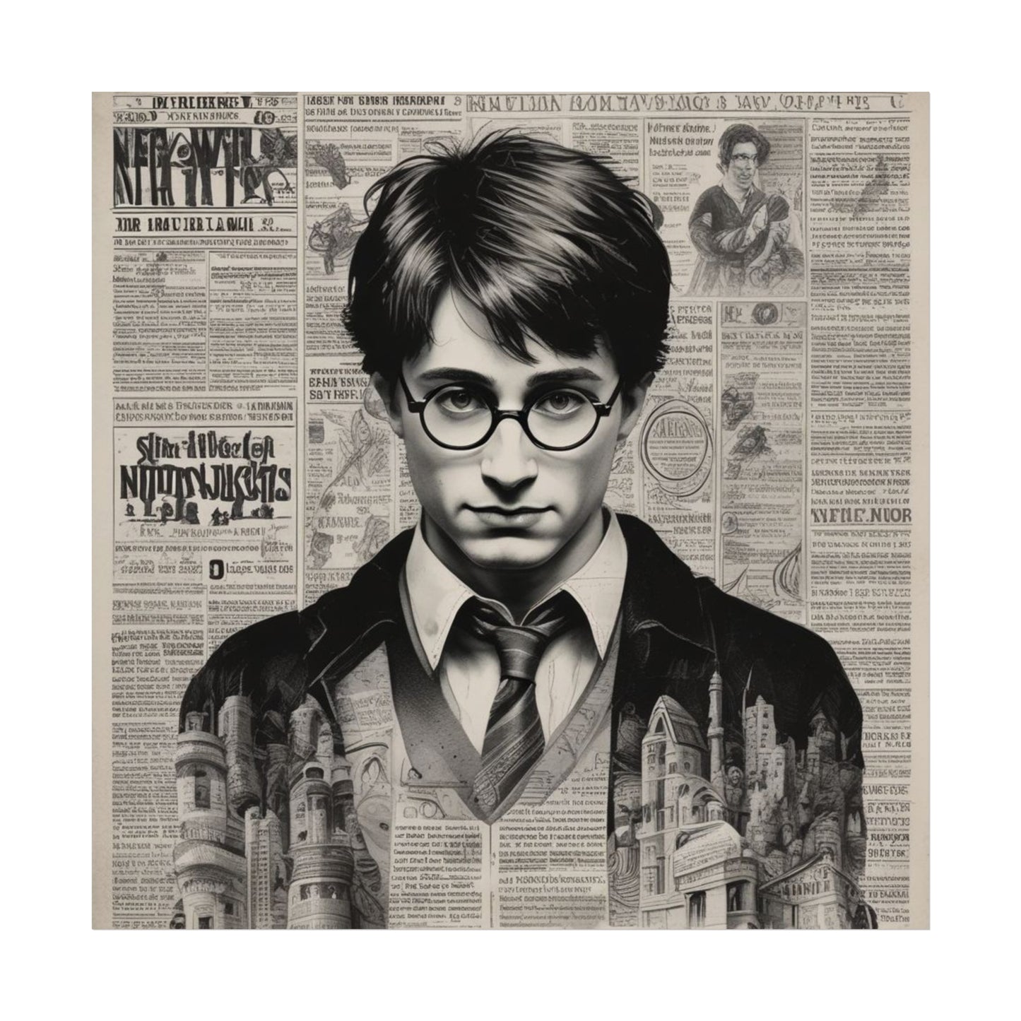 Vintage Newspaper Portrait Poster — Young Wizard Illustration Fine Art Print