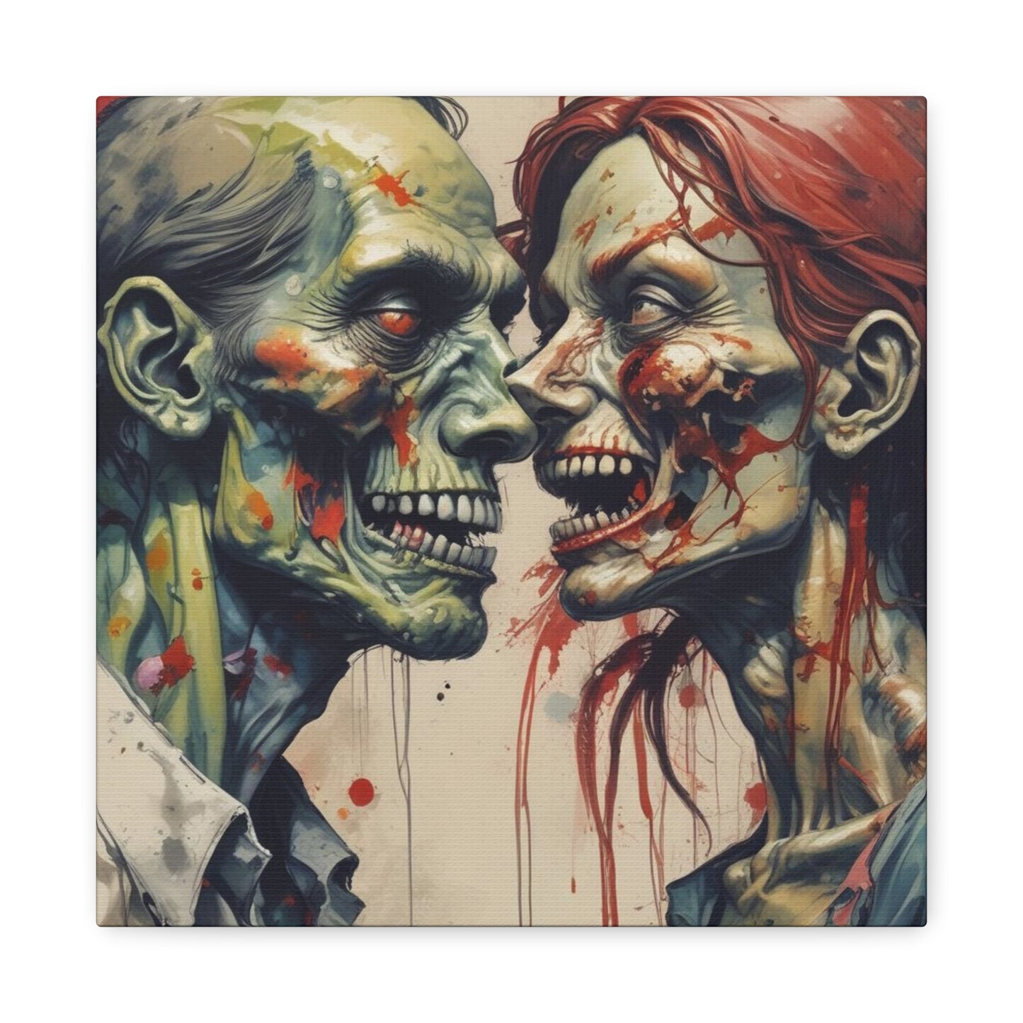 Zombie Couple Matte Canvas Wall Art — Blood-Splattered Horror Portrait
