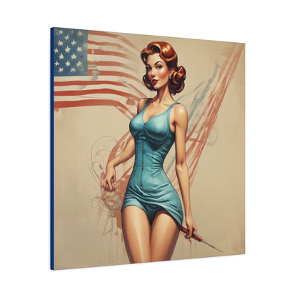 Retro Pin-Up Canvas Wall Art — Vintage American Flag Pinup Matte Stretched 1.25"