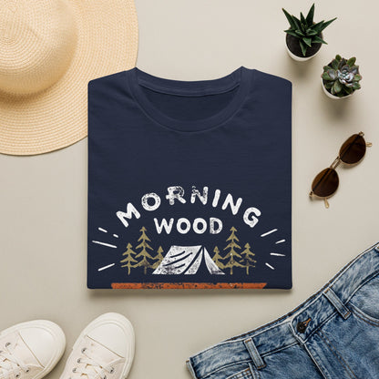 Camping T-Shirt — "Morning Wood" Tent & Pine Tree Outdoor Graphic Tee