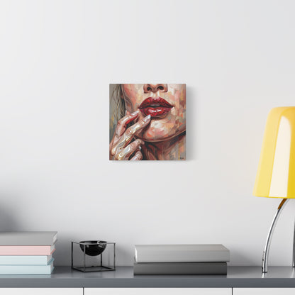 Glam Portrait Canvas Print — Red Lips & Painted Hands Matte Stretched Wall Art