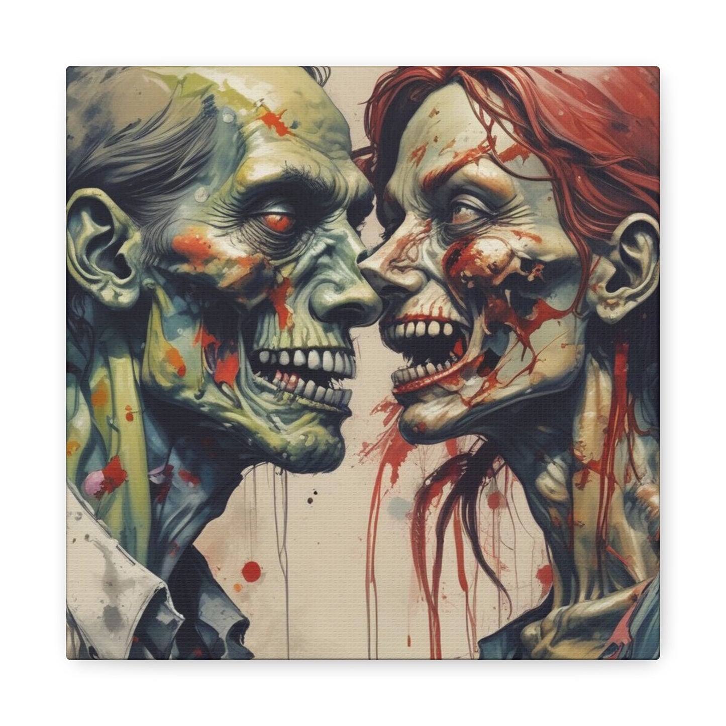 Zombie Couple Matte Canvas Wall Art — Blood-Splattered Horror Portrait
