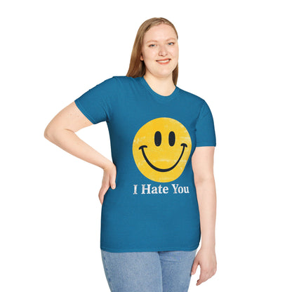 Funny 'I Hate You' Smiley T-Shirt — Retro Distressed Yellow Smiley Tee