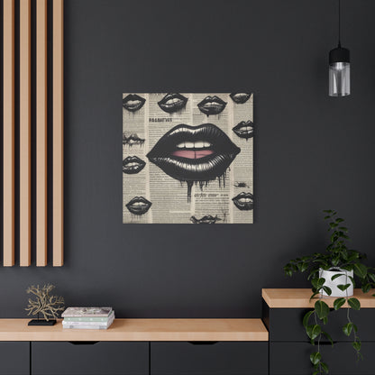 Black Drip Lips Canvas Wall Art — Vintage Newspaper Pop Art