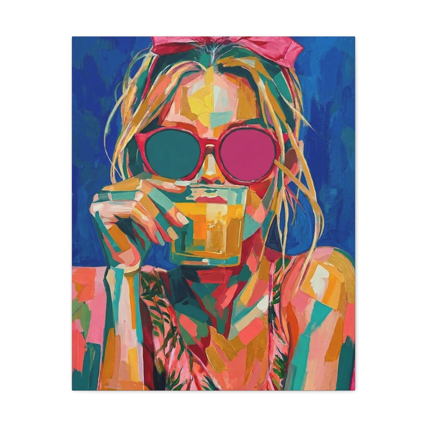 Colorful Pop Art Woman Drinking Canvas Wall Art - Blue