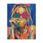 Colorful Pop Art Woman Drinking Canvas Wall Art - Blue
