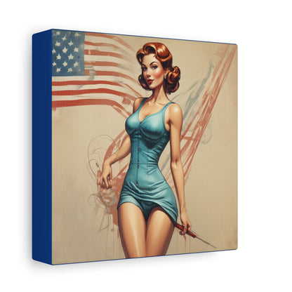 Retro Pin-Up Canvas Wall Art — Vintage American Flag Pinup Matte Stretched 1.25"