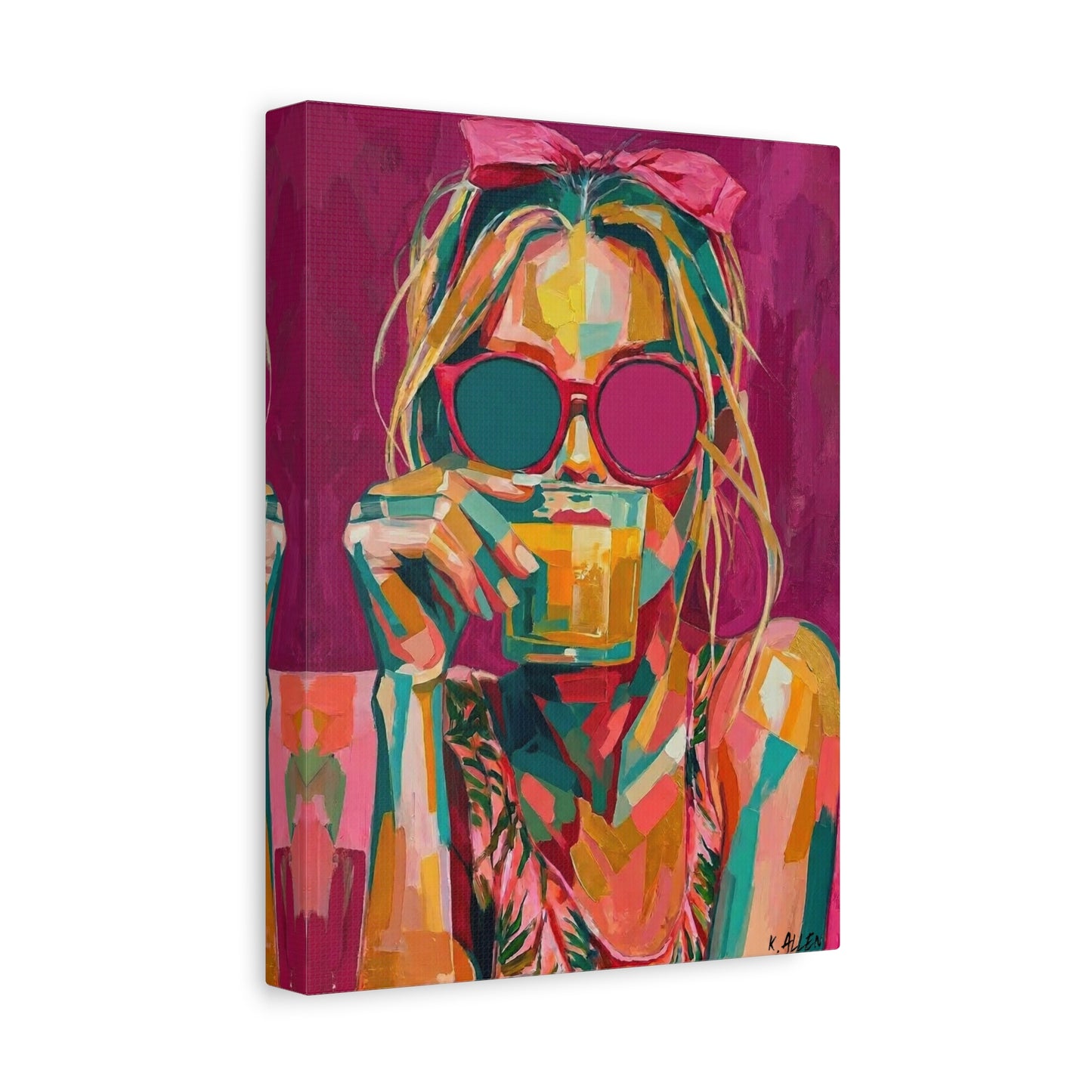 Pop Art Woman Drinking Coffee Canvas - Pink