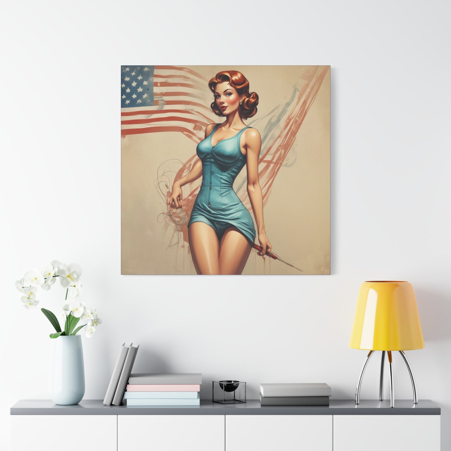 Retro Pin-Up Canvas Wall Art — Vintage American Flag Pinup Matte Stretched 1.25"