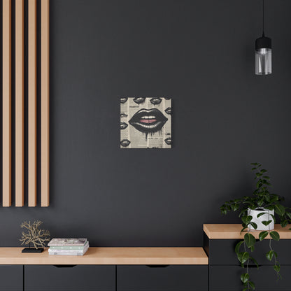 Black Drip Lips Canvas Wall Art — Vintage Newspaper Pop Art