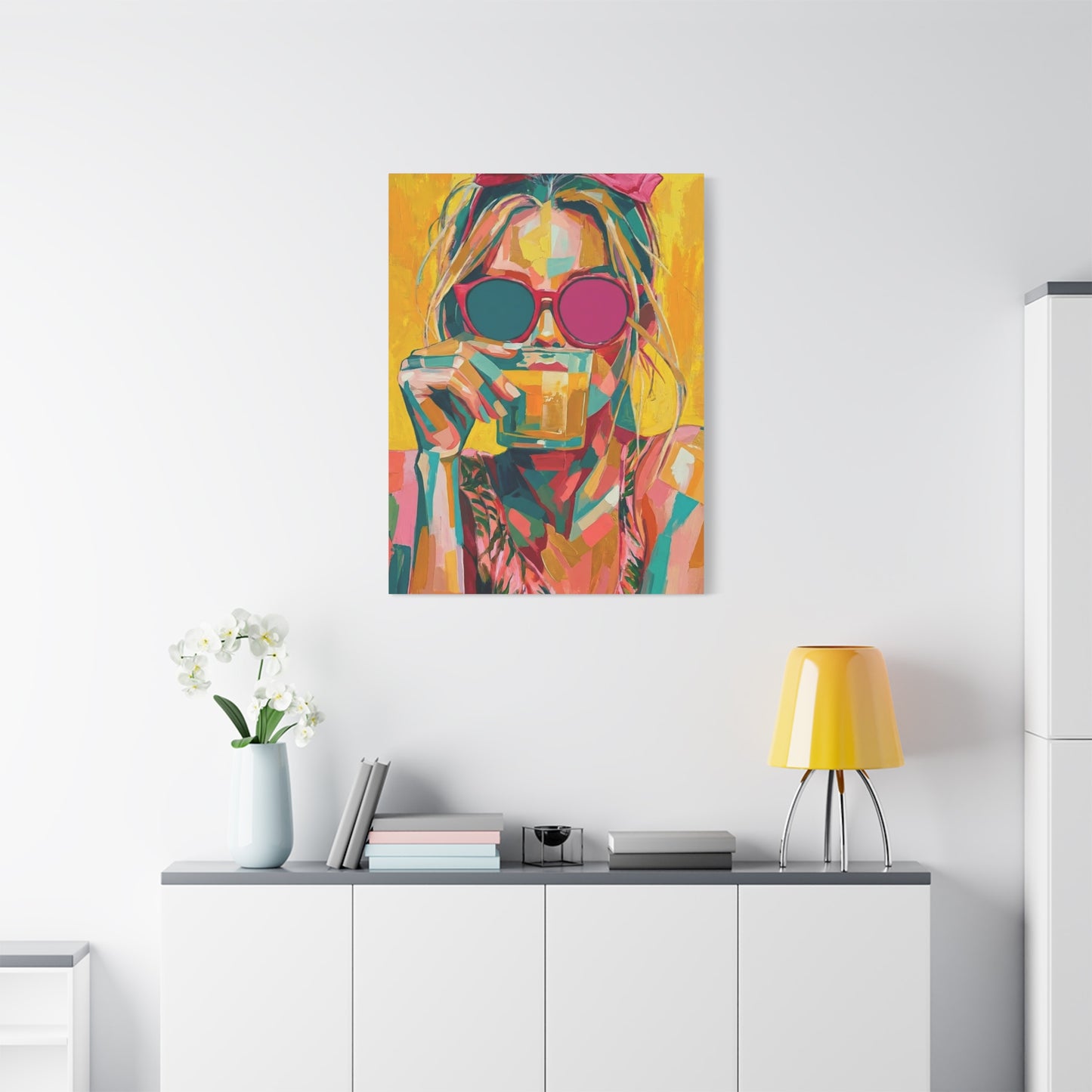 Colorful Pop Art Woman Drinking Canvas Wall Art