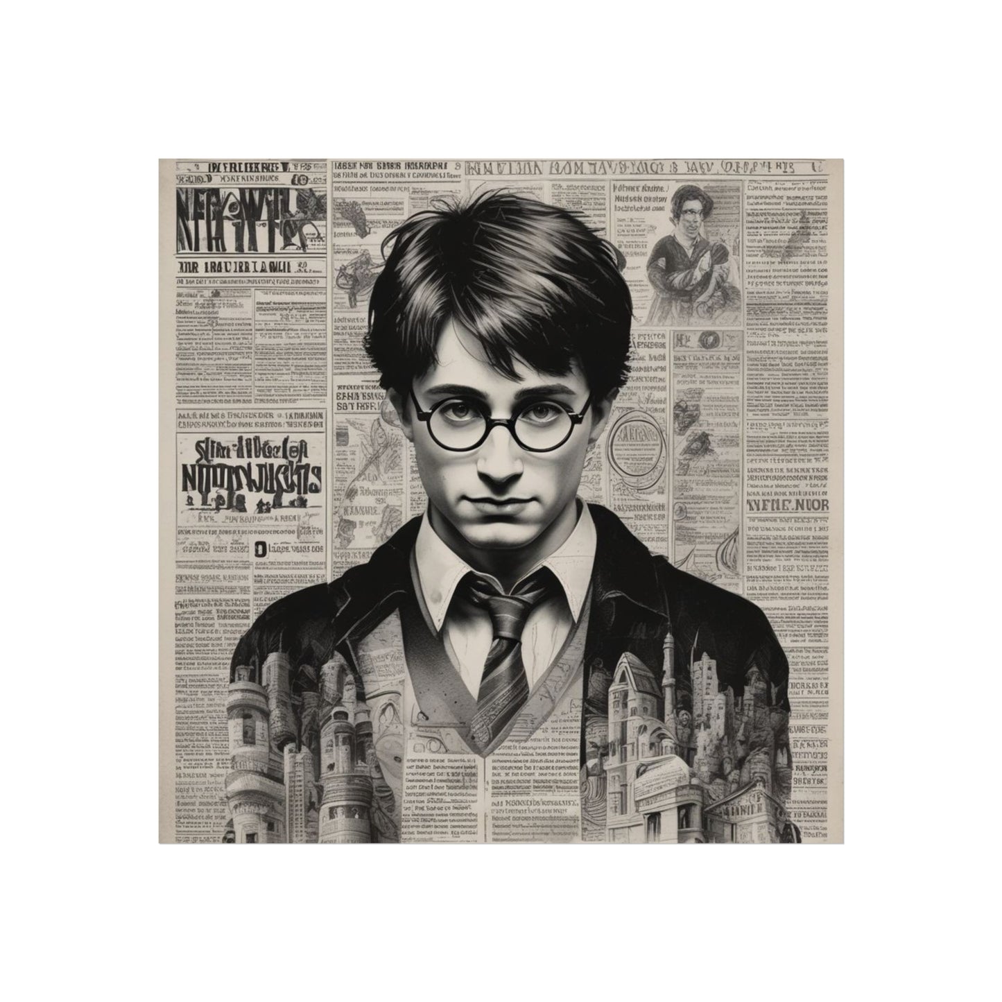 Vintage Newspaper Portrait Poster — Young Wizard Illustration Fine Art Print