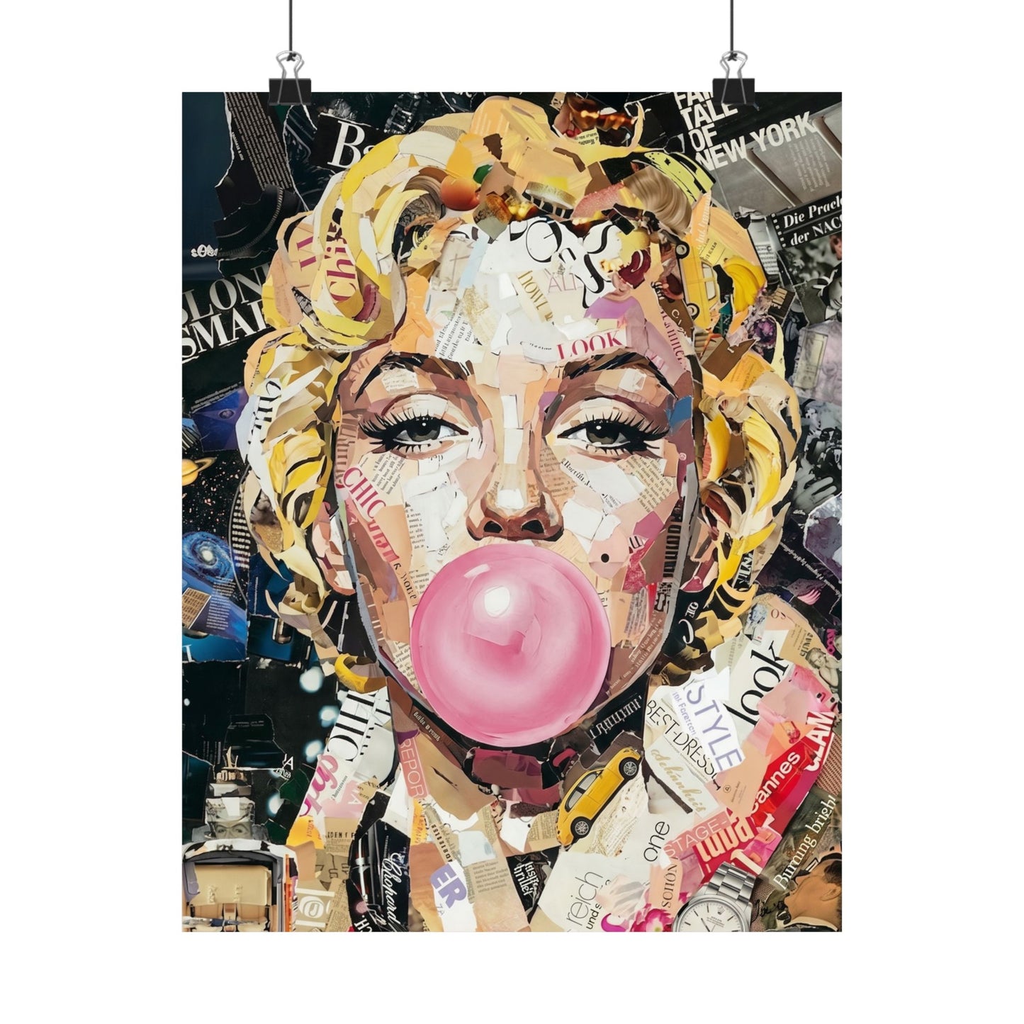 Pop Art Satin Poster — Iconic Blonde Portrait with Bubblegum