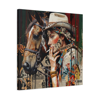 Western Collage Horse & Cowgirl Matte Canvas Wall Art - Stretched 1.25"
